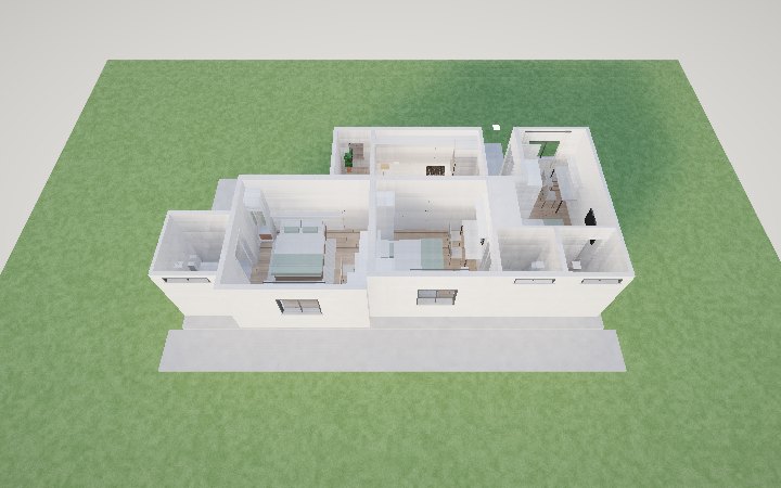 Maquete 3D da Casa 193 vista de cima, sem o teto